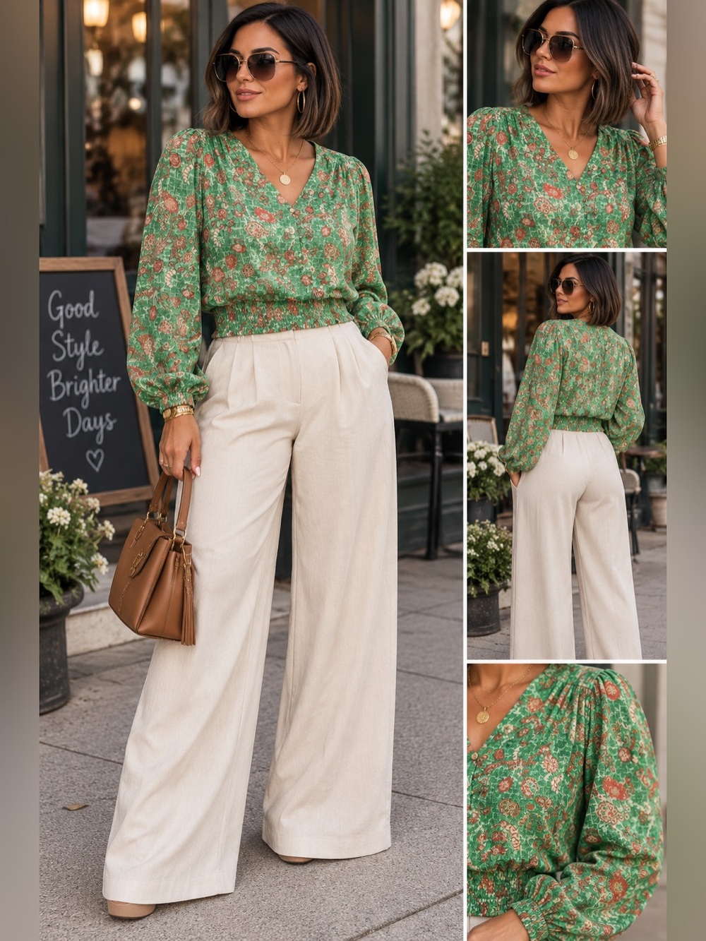Women's Green Floral V-Neck Smocked-Waist Blouse
